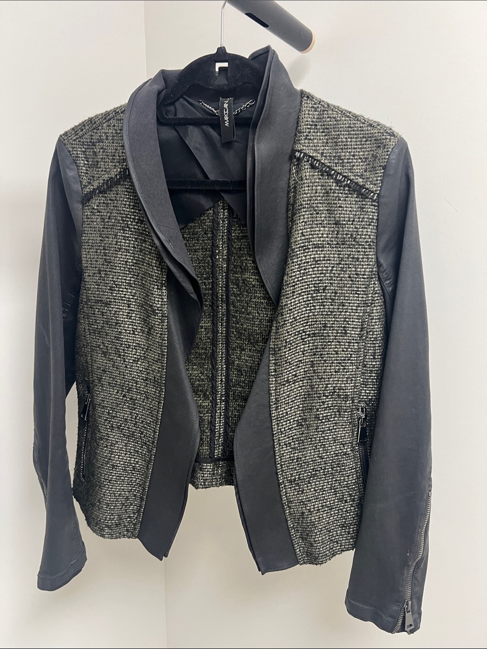Marc Cain Black and Grey Mixed-Media Denim and Tweed Jacket